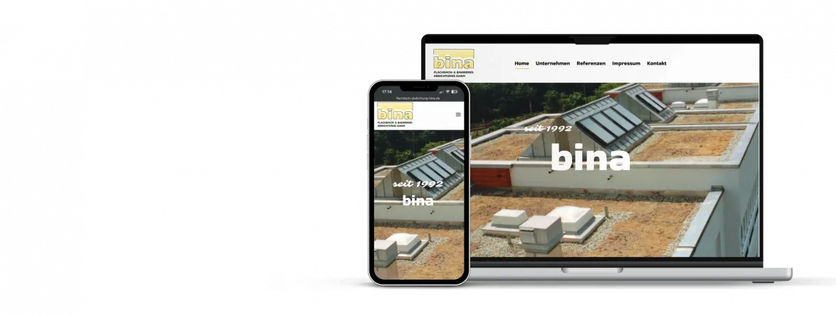 Website für Handwerker: Referenzprojekt Bina Flachdach- & Bauwerksabdichtungs GmbH auf Laptop und Handy